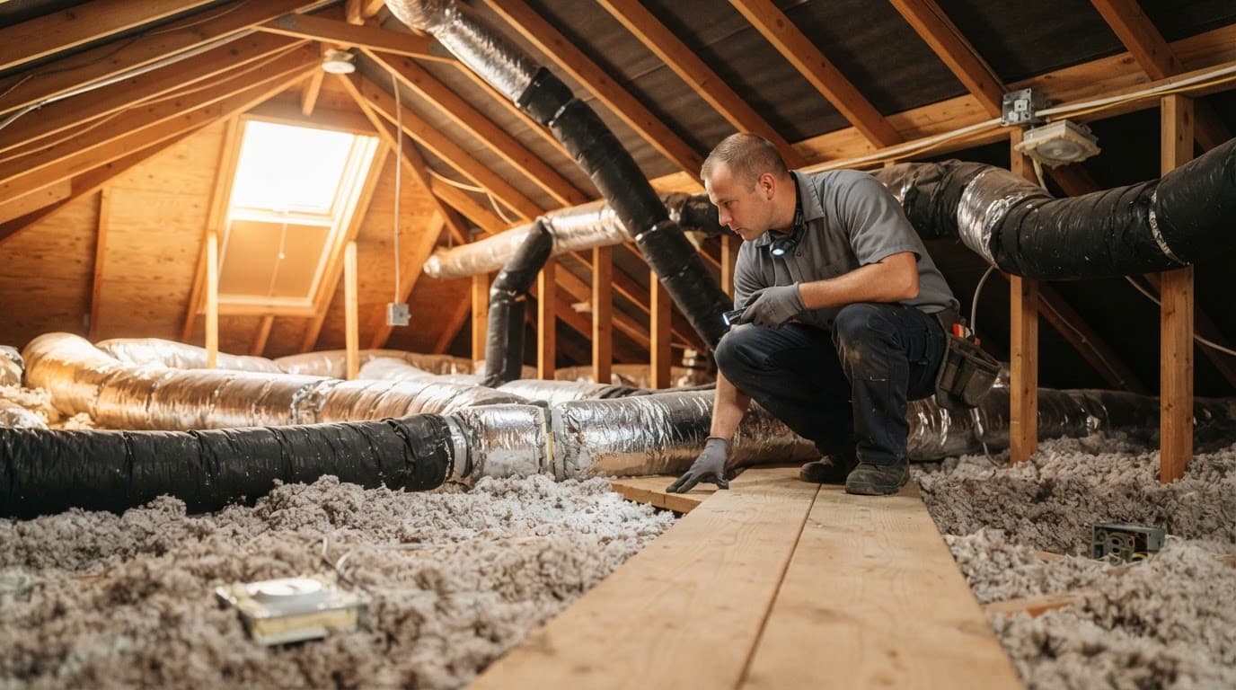 Technician inspecting insulated air ducts and blown-in insulation in a warm residential attic.