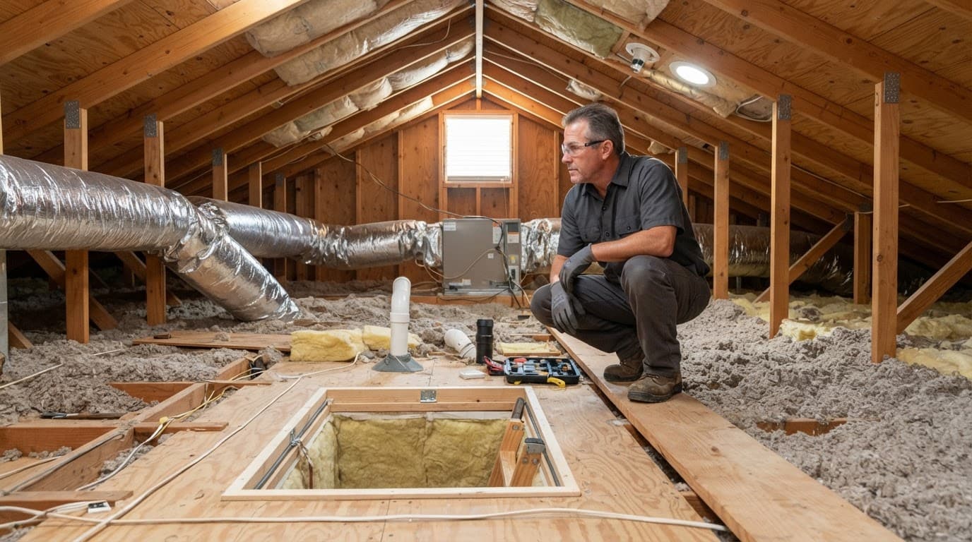 An HVAC technician inspects insulation, sealed openings, and ductwork in a residential attic.