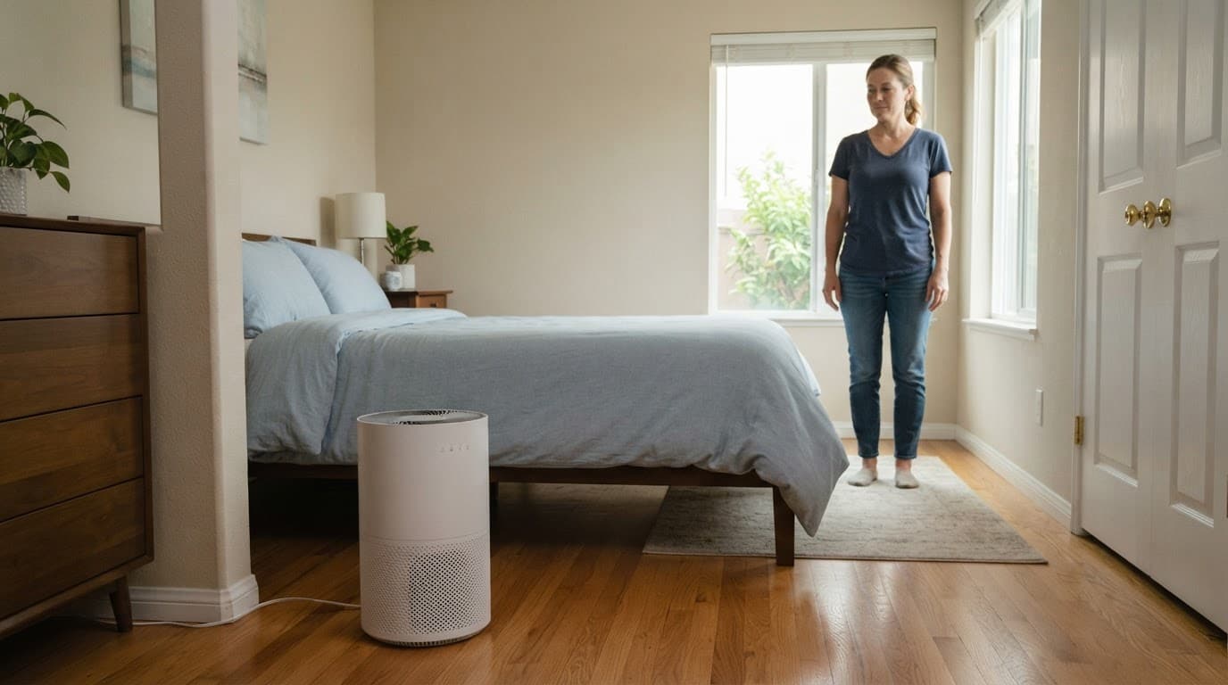 A homeowner observes a portable room purifier in a bright bedroom.