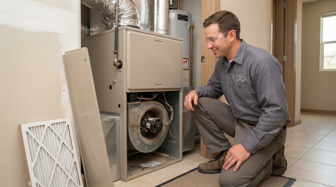 Technician inspecting a dusty furnace blower inside a home utility closet.