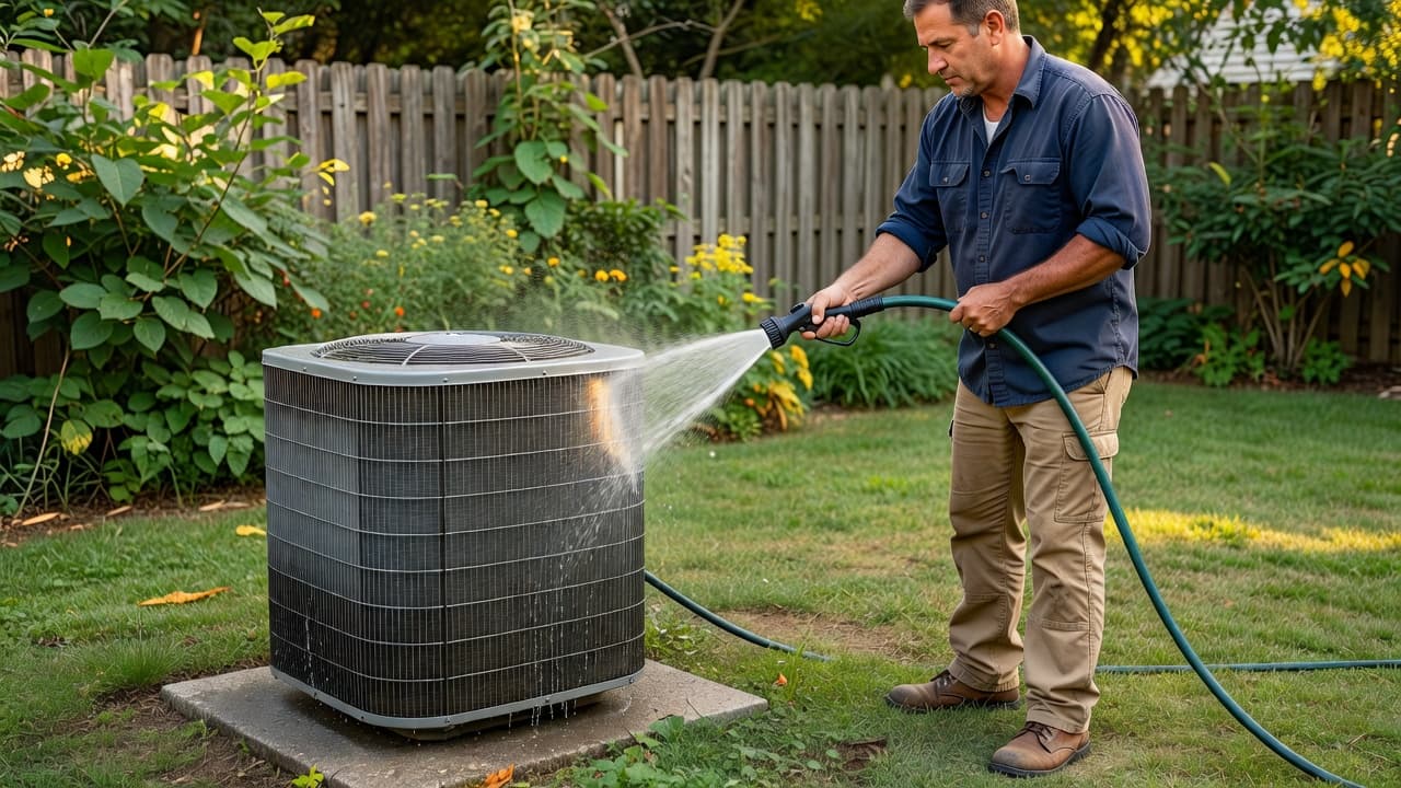 A technician holds a garden hose to gently spray water over the exterior metal fins of a backyard cooling unit. The process removes dust and debris to restore optimal airflow efficiency.