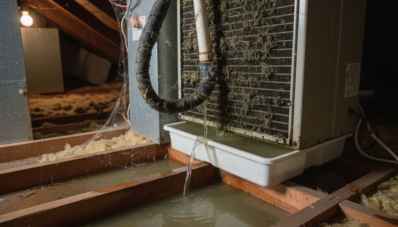 Dirty clogged drain line overflows slightly near moldy evaporator coil with debris in attic.