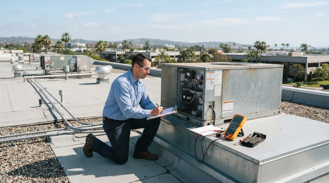 An HVAC technician inspects a rooftop air-conditioning unit beside a clipboard and diagnostic meter.