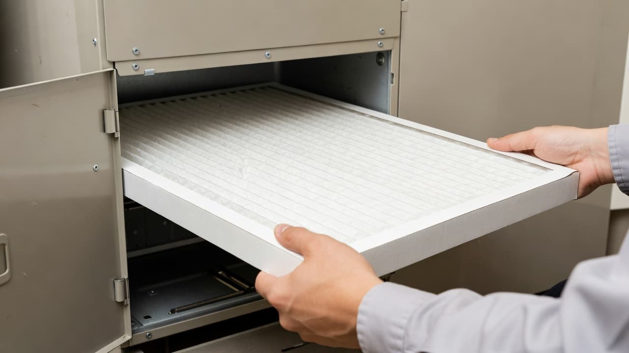A close-up view shows human hands carefully sliding a clean white pleated air filter into the metal slot of a home furnace unit. The bright indoor lighting emphasizes the maintenance process.