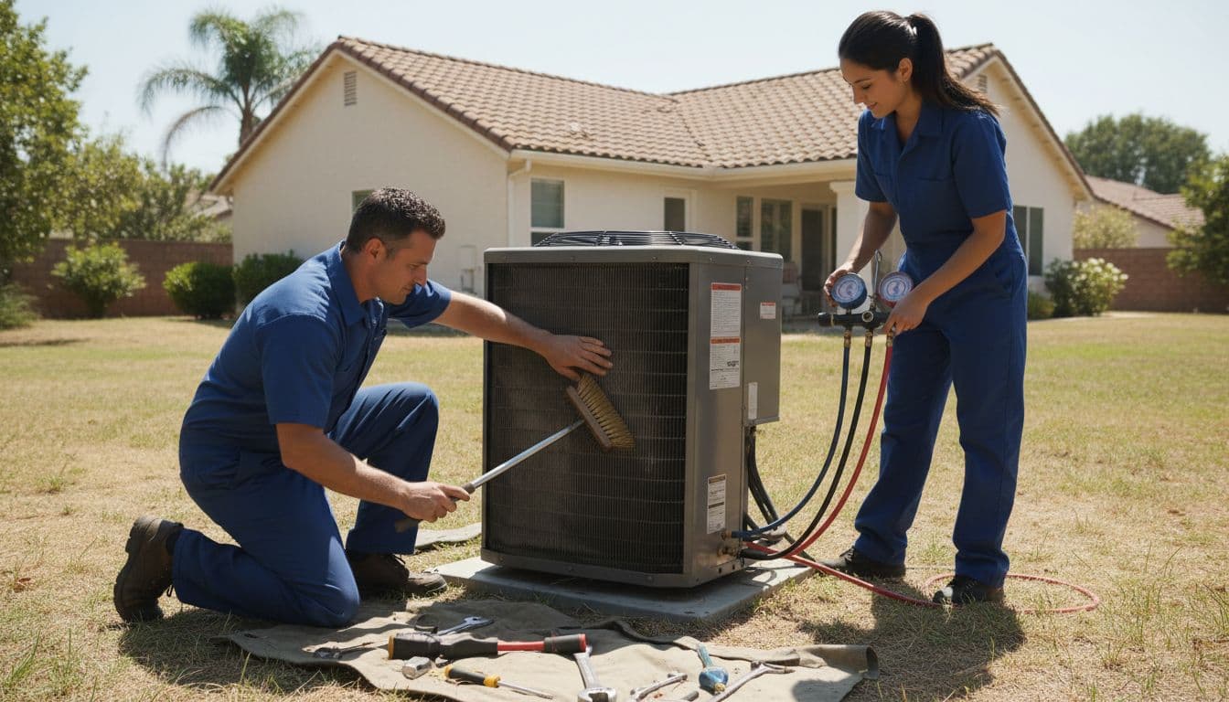 Two uniformed technicians repair outdoor AC condenser in sunny Escondido backyard, one brushing coils, another checking refrigerant lines.