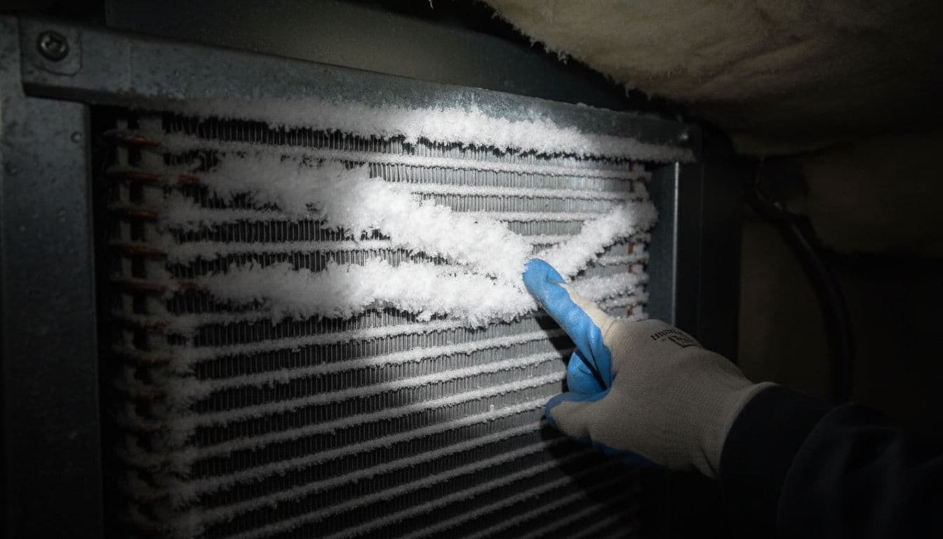 Close-up of frost-covered evaporator coils inside attic air handler unit, gloved hand pointing to ice buildup under dim flashlight beam.