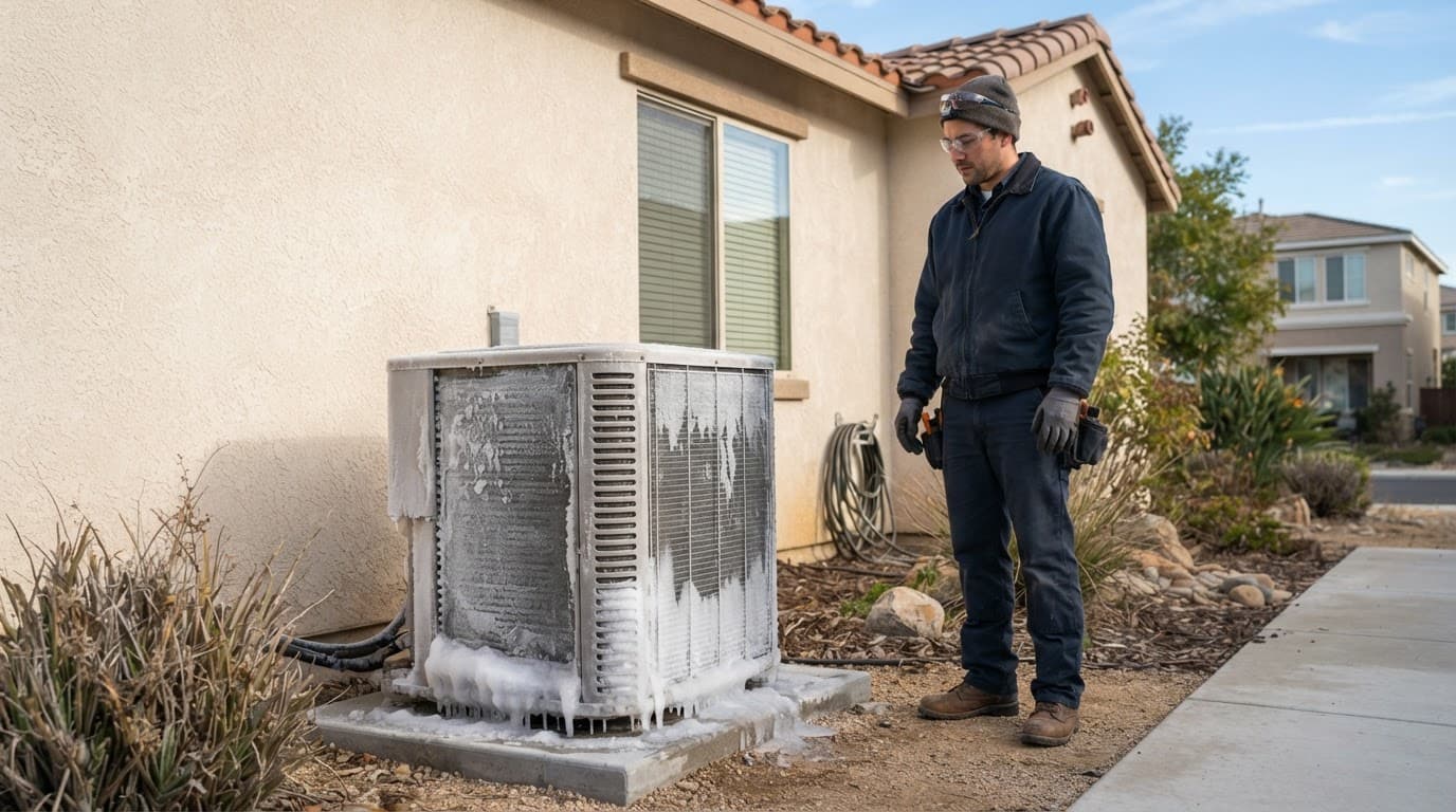Technician beside a heat pump covered in frost and ice.