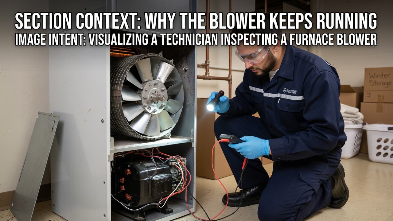A technician inspects the blower assembly inside an open home heating furnace.