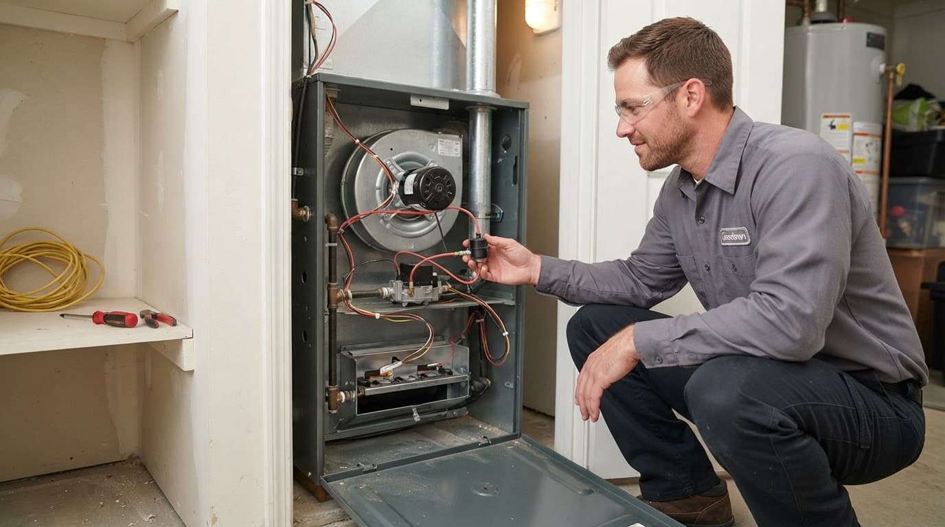 Technician inspecting an open draft-safety switch and inducer assembly.