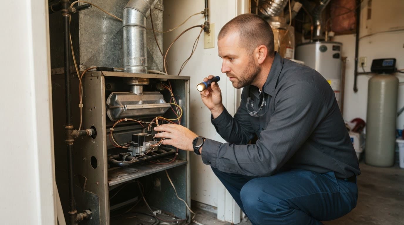 Technician inspecting furnace wiring and the heat exchanger with a flashlight.