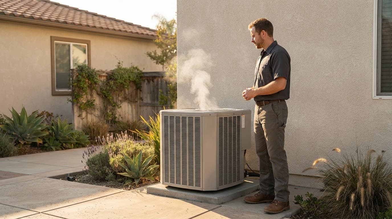 Technician checks a patio heat pump as a small amount of white defrost vapor rises.