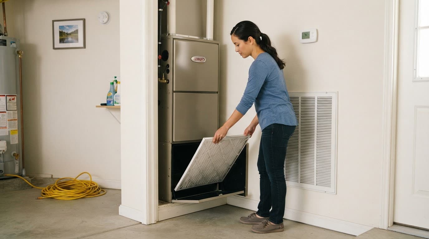A homeowner replaces a pleated filter beside a residential furnace.