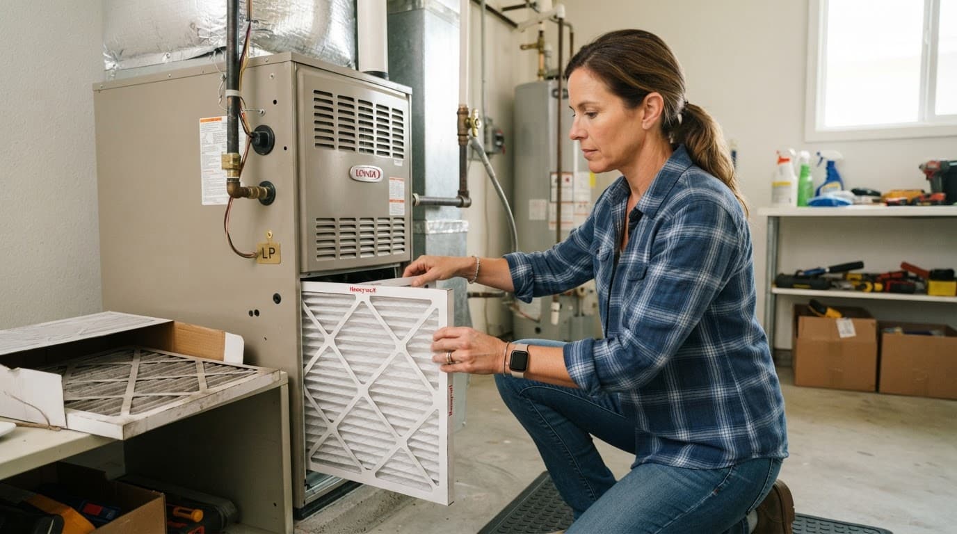 Homeowner placing a clean air filter into a furnace in a bright utility room.