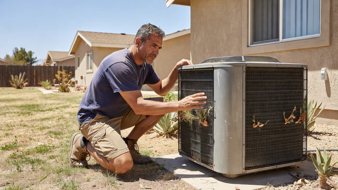 A person stands in a sunlit residential backyard in Escondido, carefully observing the metal exterior casing of an outdoor air conditioning condenser unit to prepare for a routine cleaning maintenance task.