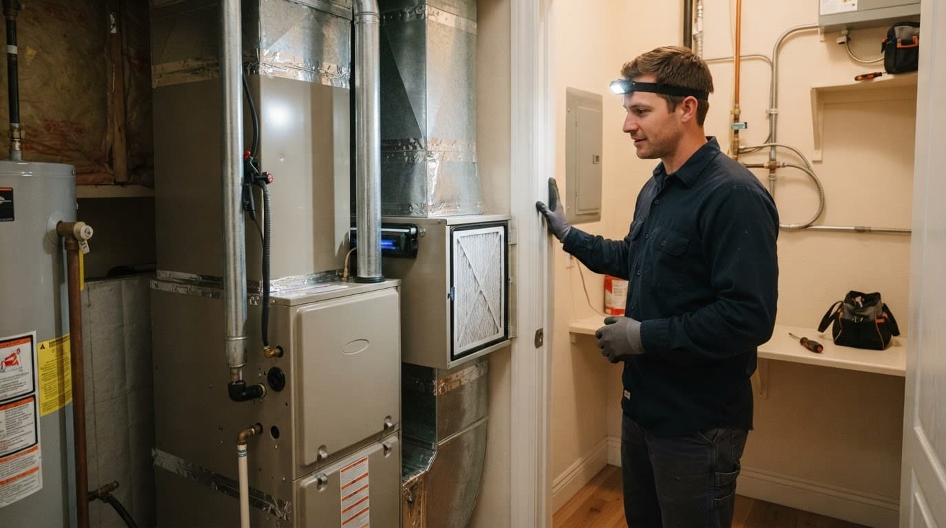 Technician inspecting an air purifier beside a home furnace and ducts.