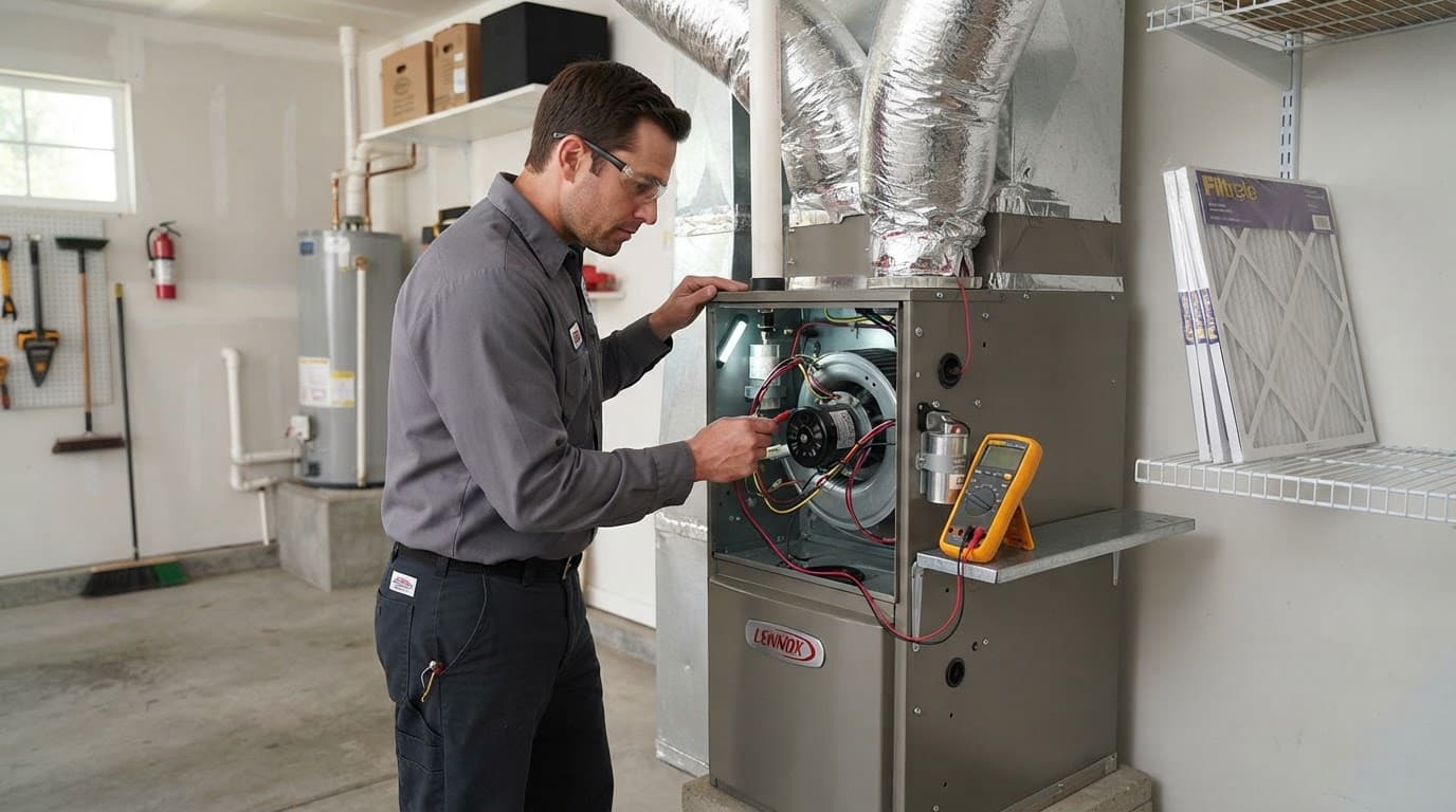 Technician checks an open furnace beside a meter and replacement furnace filter.