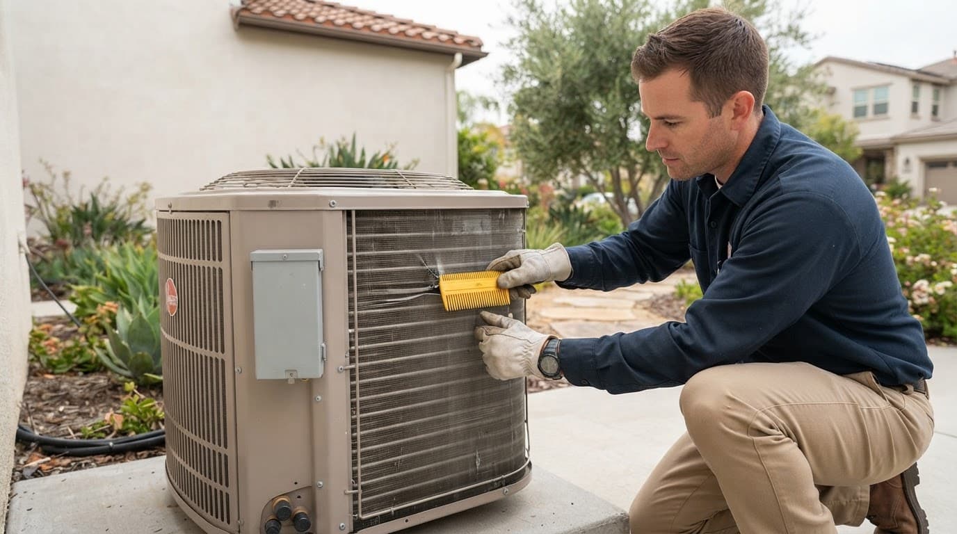 Technician straightening condenser fins with a fin comb.