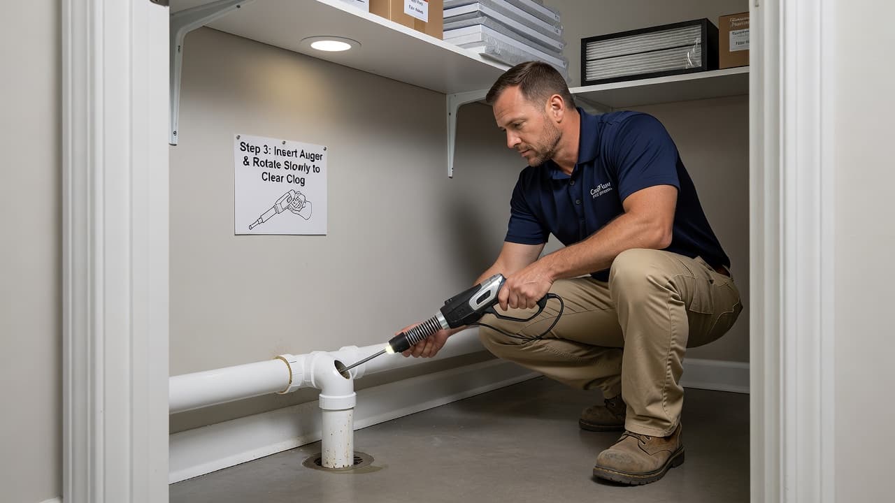 A technician holds a slender cleaning tool inside a white PVC pipe located in a cramped utility closet. The focus highlights the clear connection point and surrounding insulated copper coolant lines.