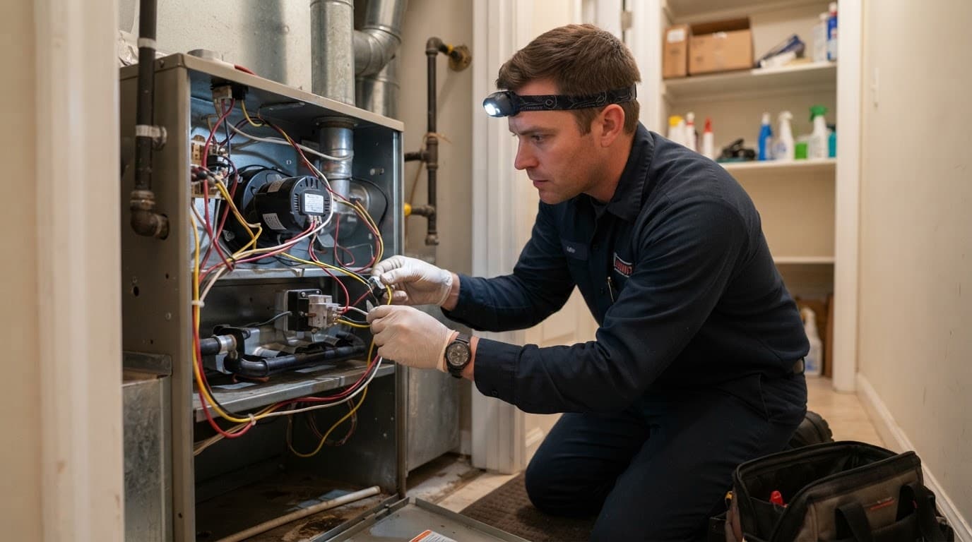 HVAC technician inspecting furnace wiring and a limit switch in a utility closet.