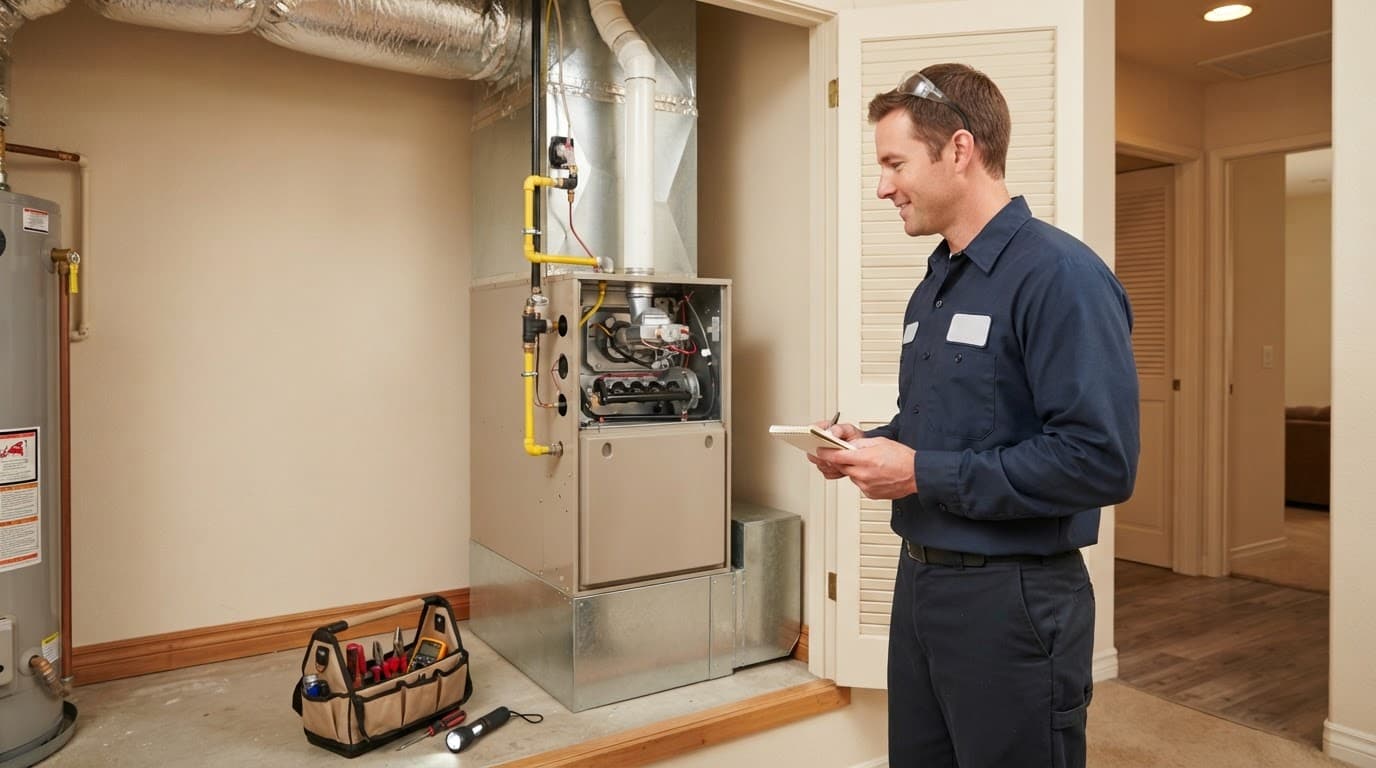 Technician inspecting a residential gas furnace beside a small toolkit.