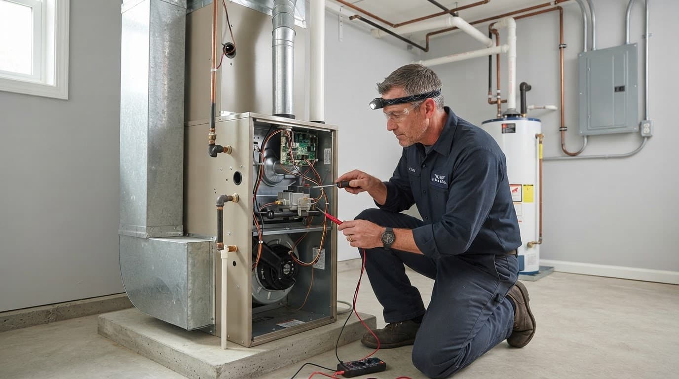 Technician inspecting a residential gas furnace in a clean utility room.