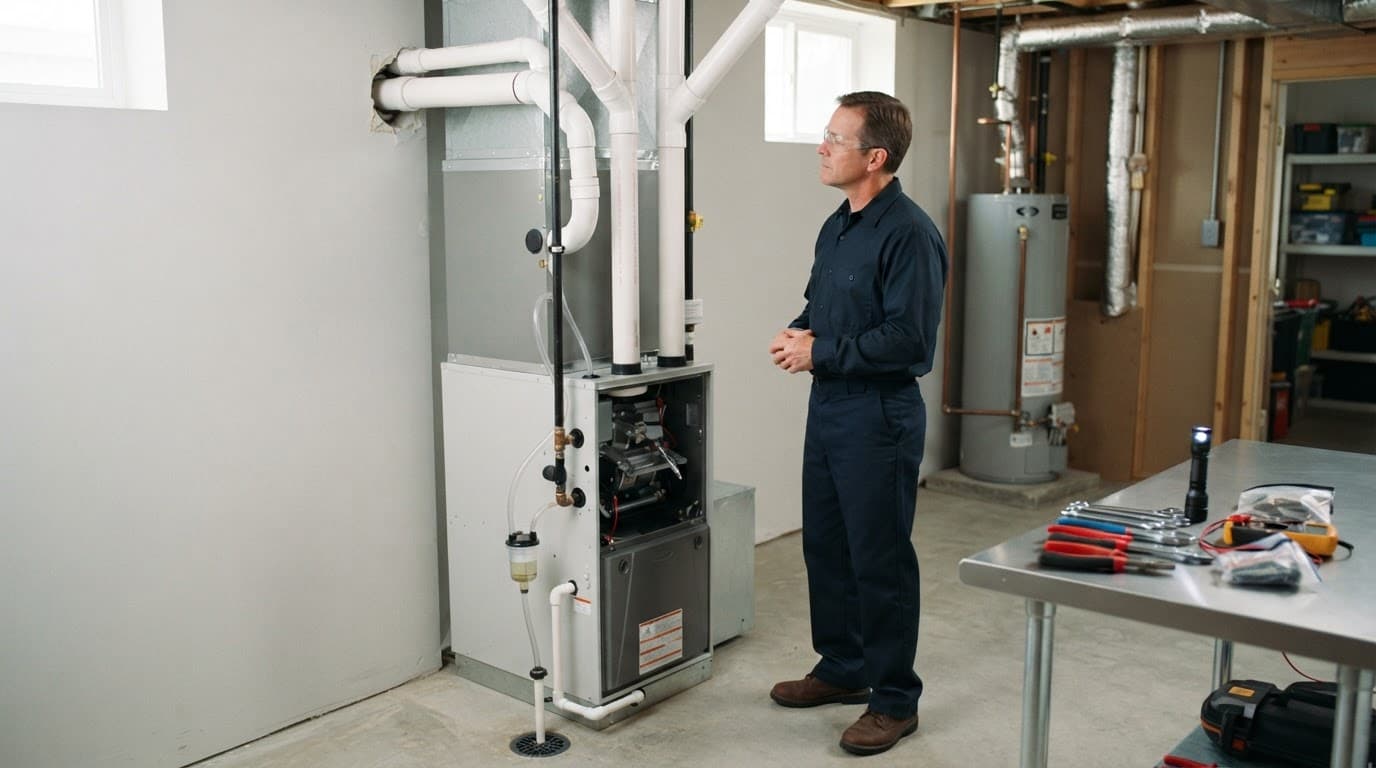 Technician checking an outdoor furnace vent termination and drainage area