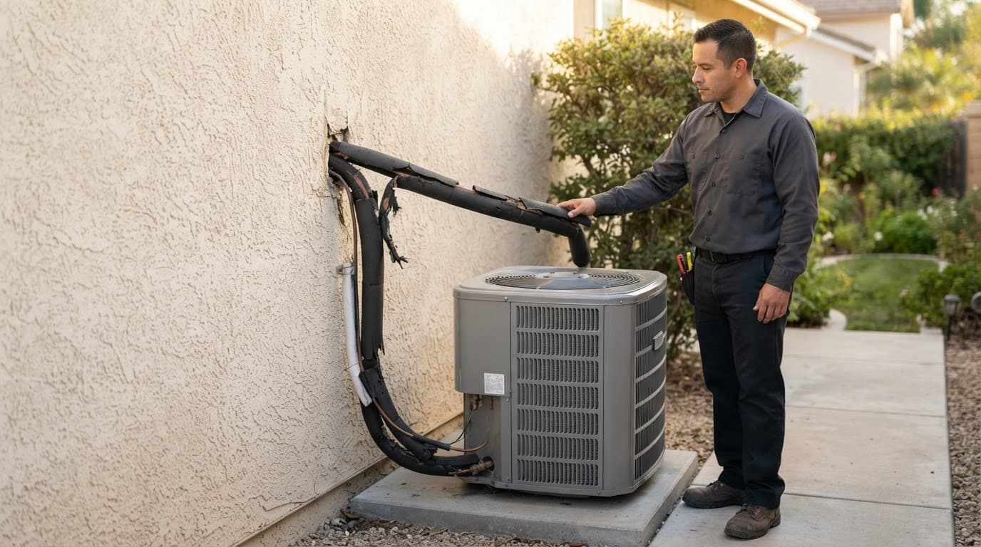 A technician inspects damaged insulation on a copper AC line beside an outdoor condenser.