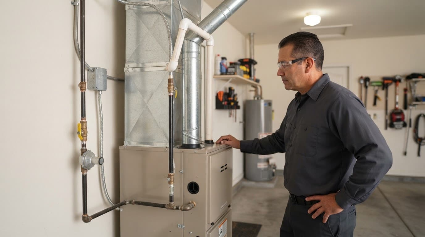 A technician inspects a home furnace beside ductwork and a gas shutoff valve.