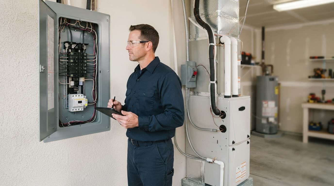 Technician beside an electrical panel and indoor HVAC unit in a tidy utility room.