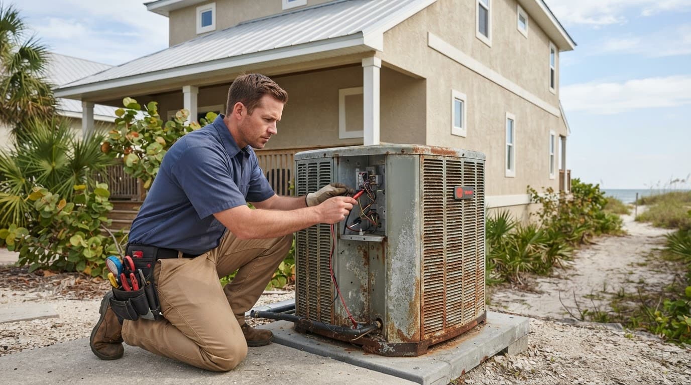 An HVAC technician checks an outdoor air conditioning unit at a coastal house.