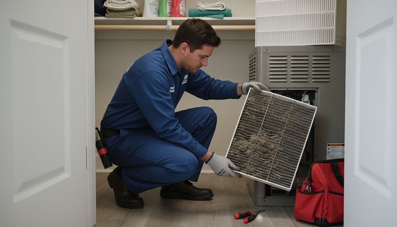 HVAC technician in uniform removes dirty air filter from residential air handler in home closet.