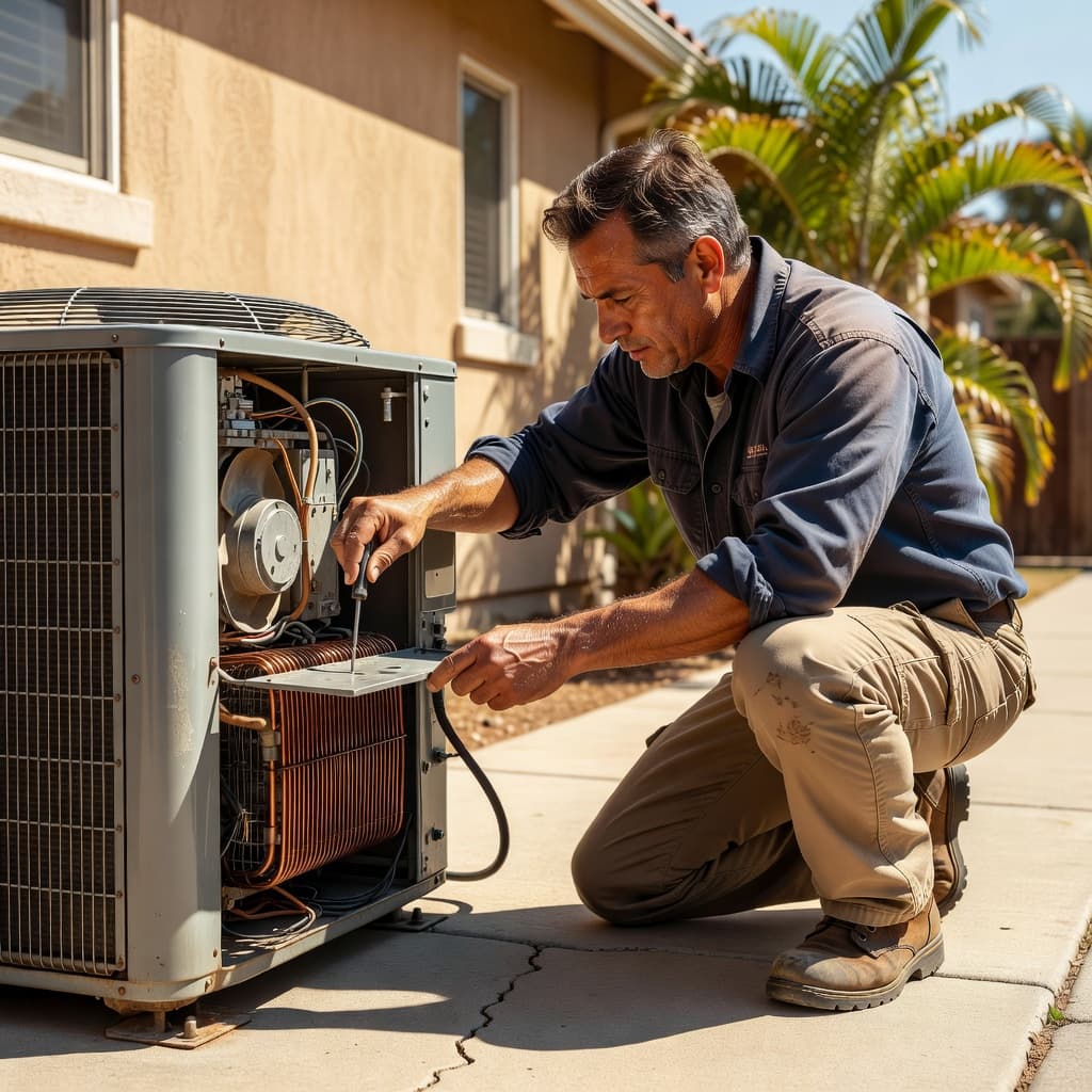 A professional technician carefully examines the mechanical components of a residential air conditioning unit. Sunlight highlights the metallic parts and tools while the technician works on the outdoor condenser system.