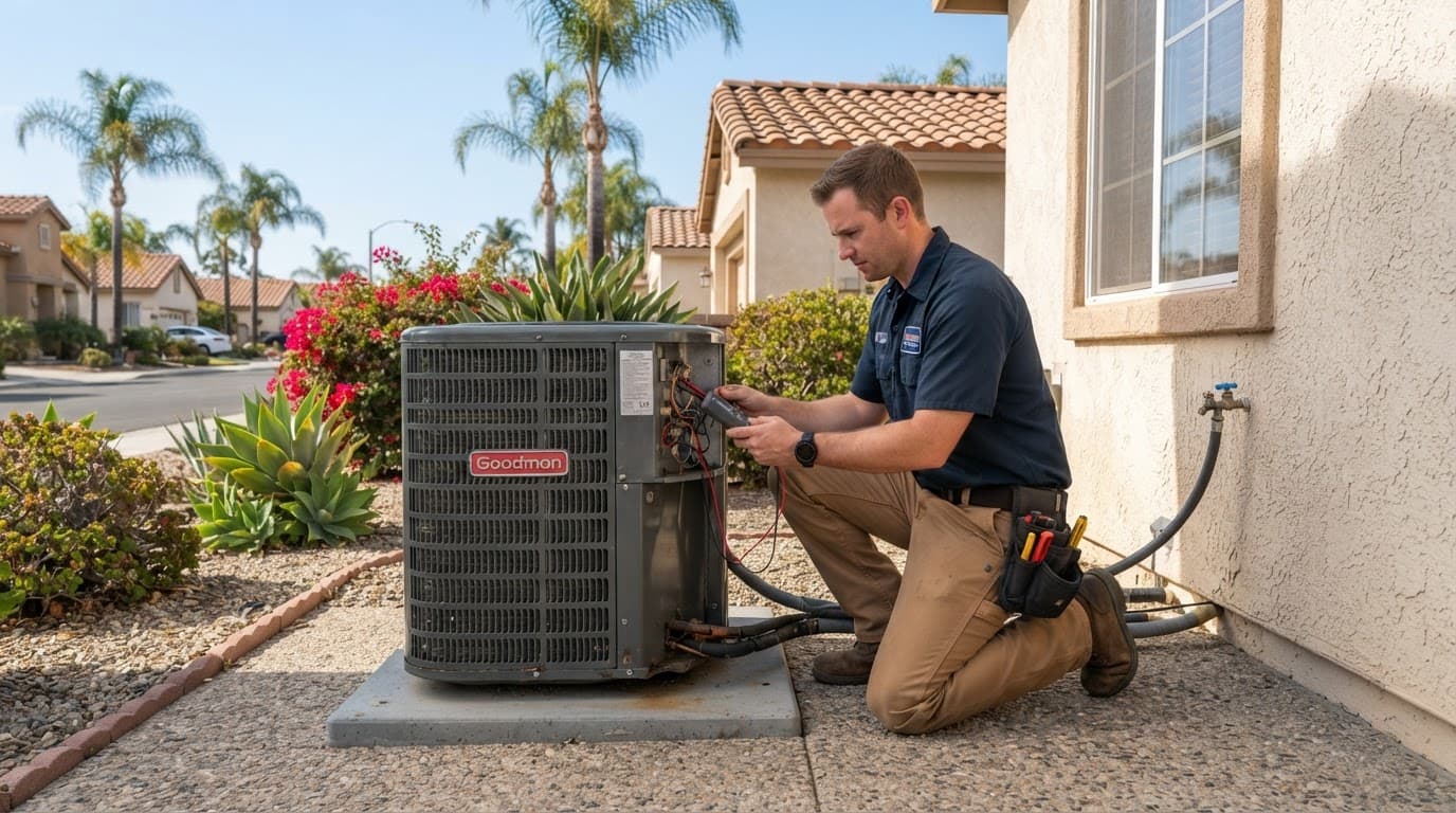 Technician inspecting an outdoor air conditioner beside a home.