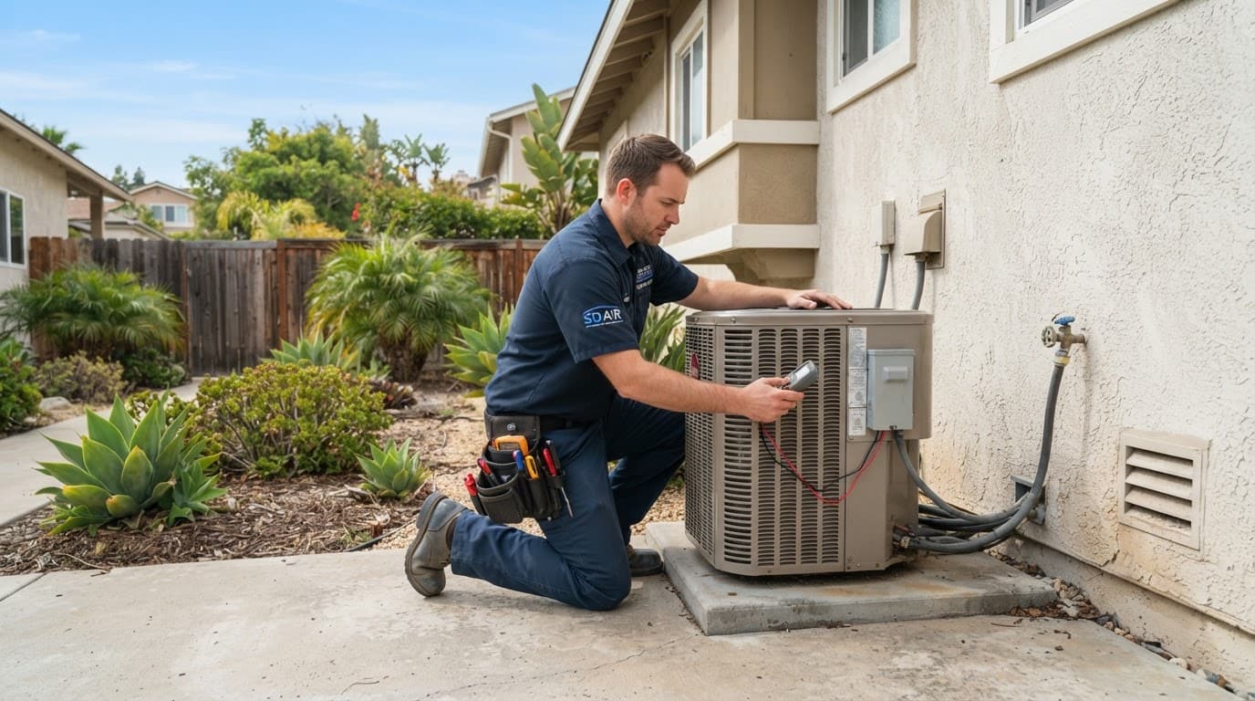 A technician inspects a residential outdoor air conditioner beside a home wall.