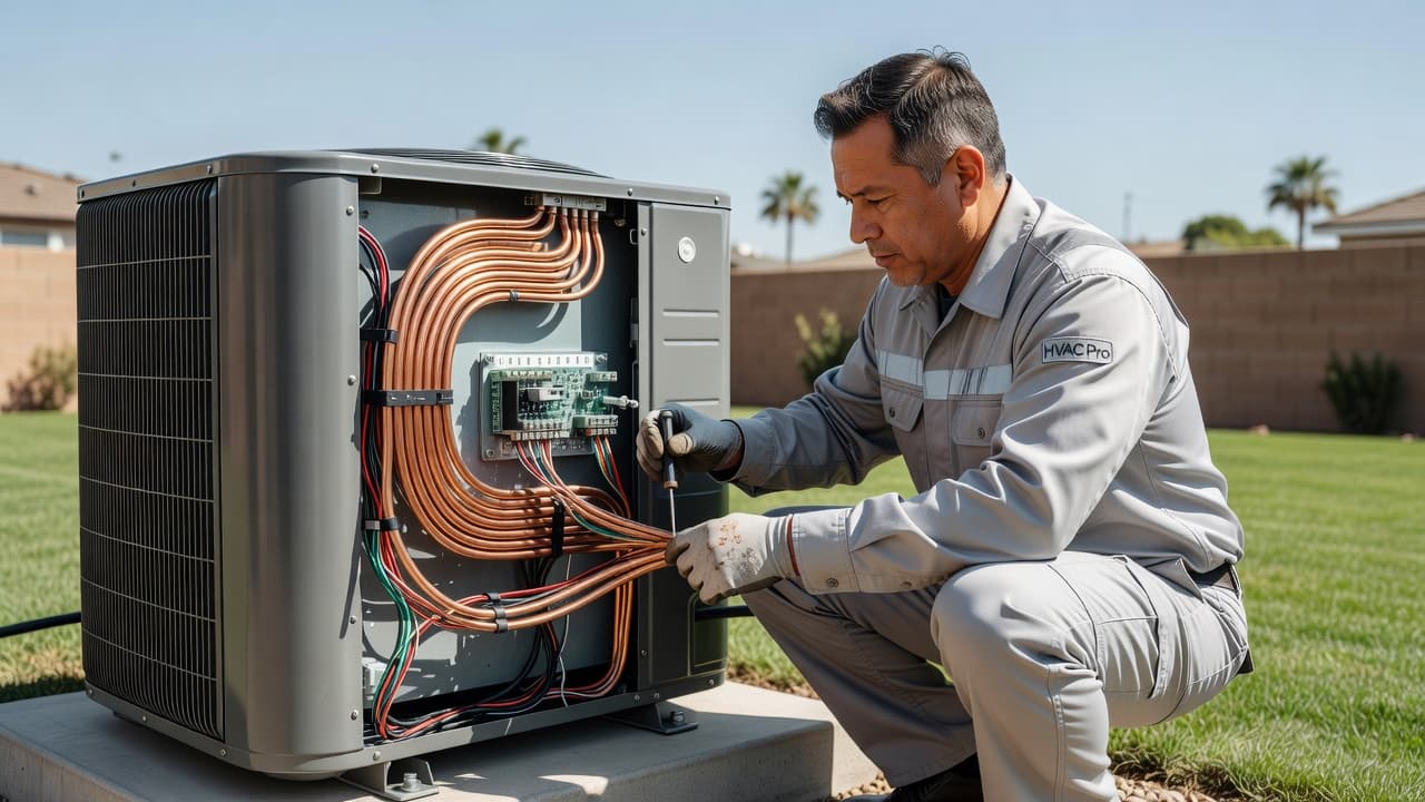 A technician in a uniform inspects the inner electrical components and refrigerant lines of a residential air conditioning unit. The open panel reveals machinery in a sunlit, clean backyard setting.