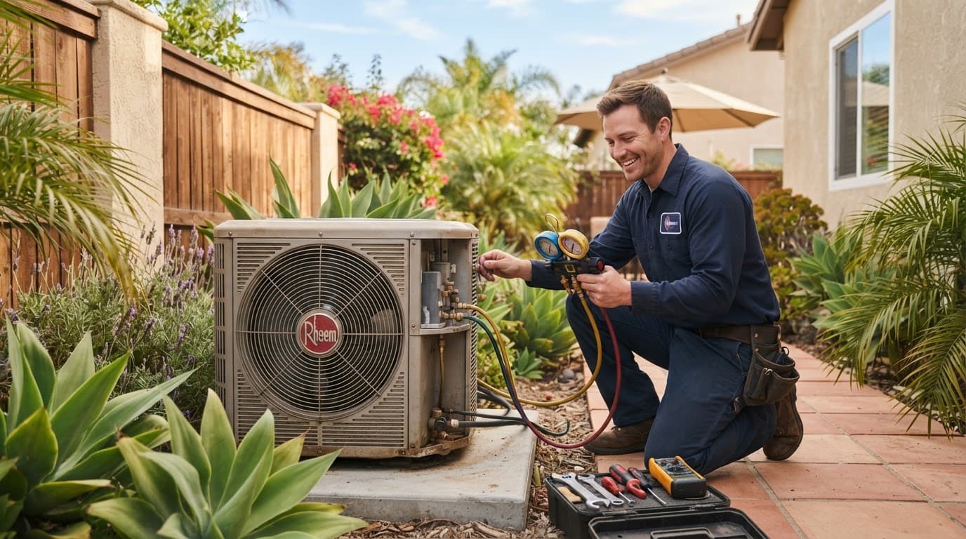 HVAC technician checking an outdoor air conditioner in a sunny backyard.