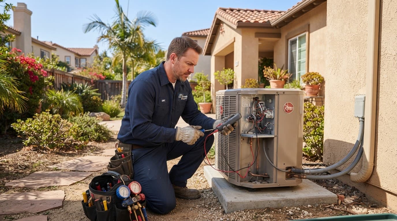 Technician inspecting an outdoor air conditioner beside a sunny home.
