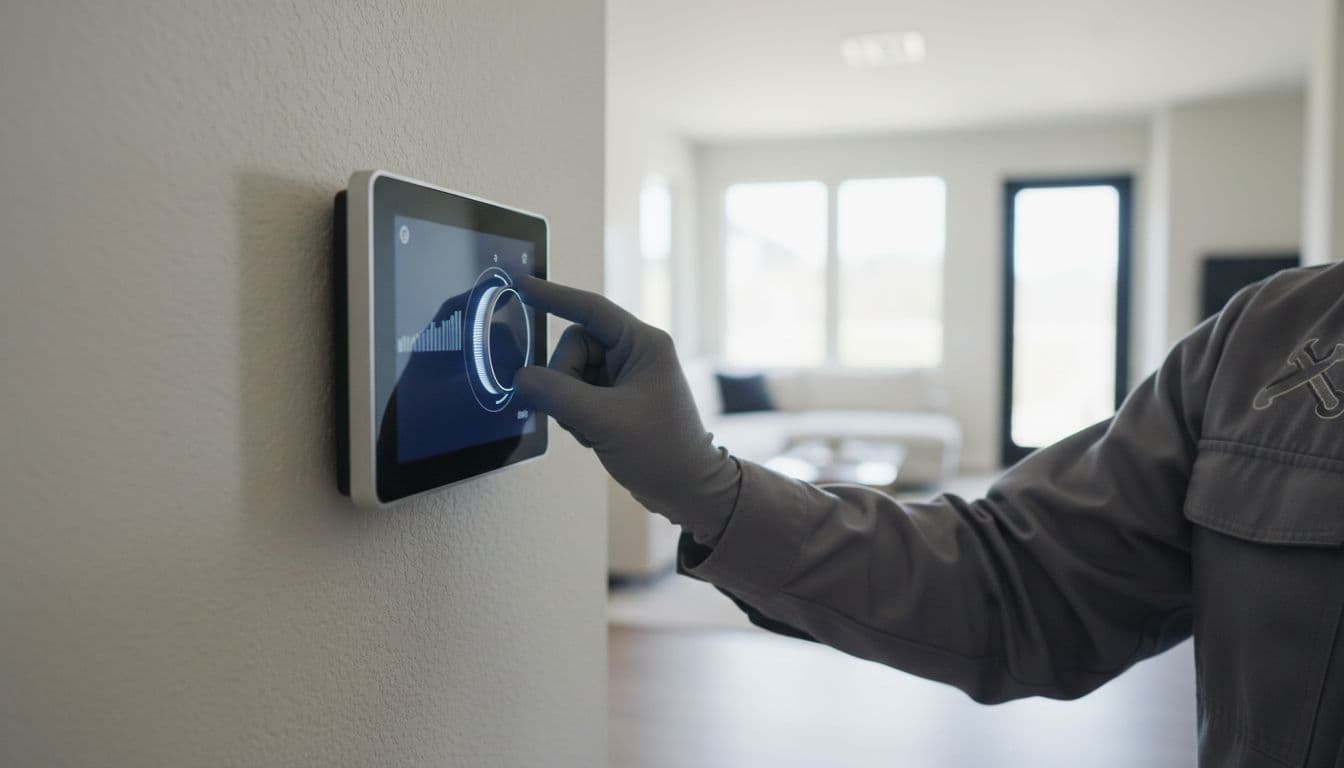 HVAC technician in uniform gently adjusts wall-mounted thermostat in modern home.