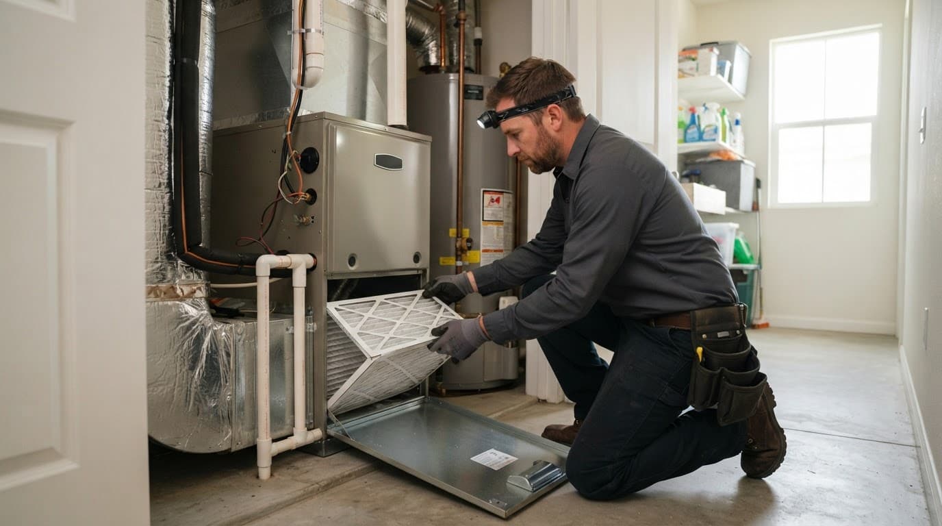 Technician checks residential HVAC equipment indoors.