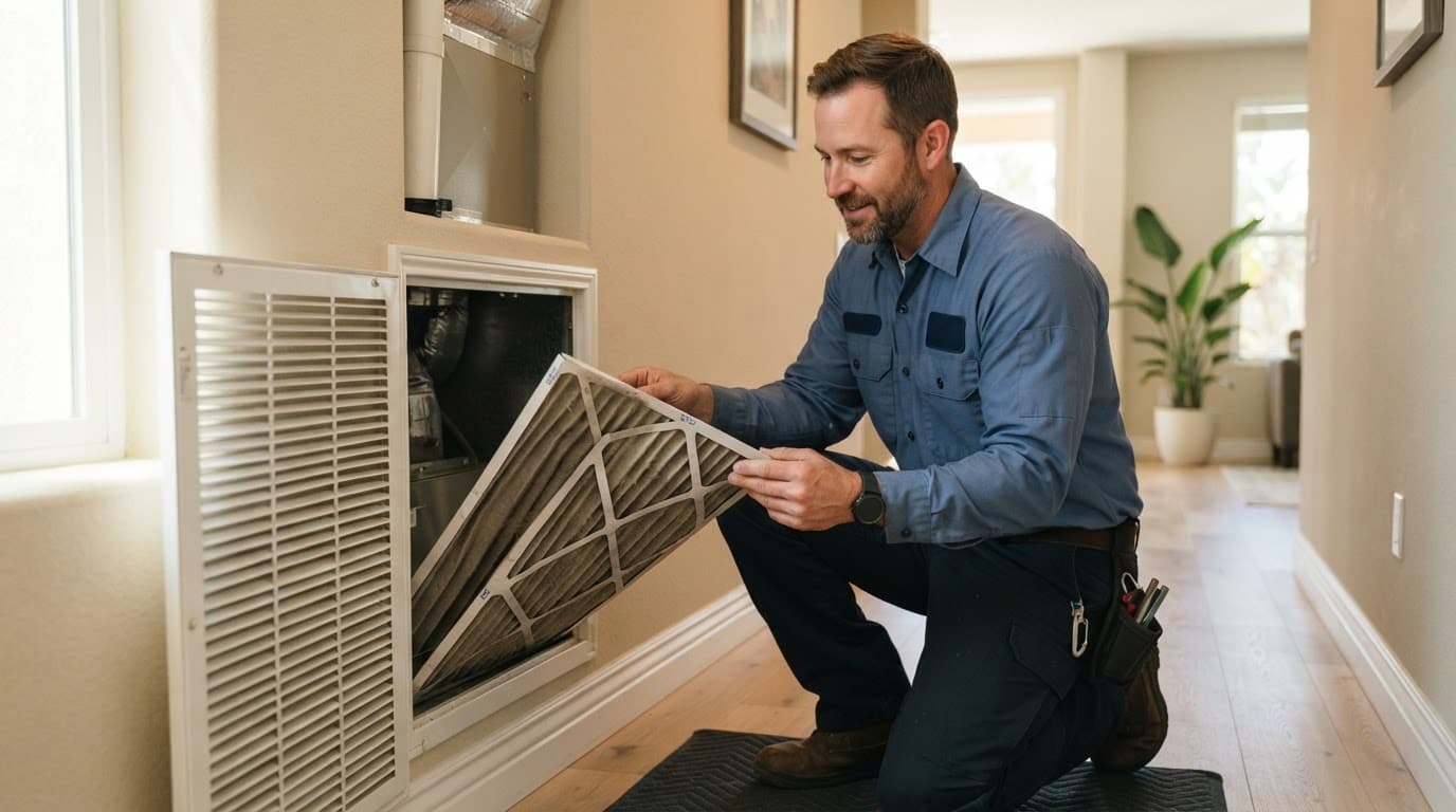 HVAC technician inspecting an air filter in a bright home.