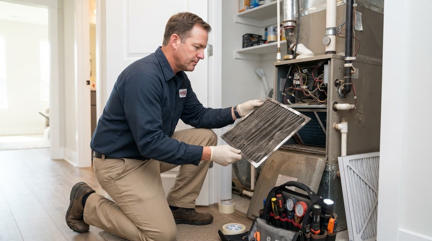 HVAC technician inspecting an air conditioner and filter inside a home.