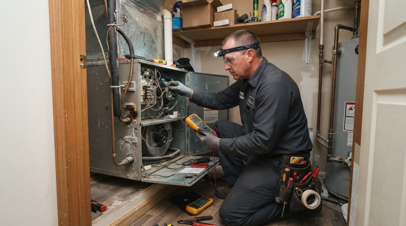 Technician inspecting an indoor HVAC cabinet in a home utility closet.