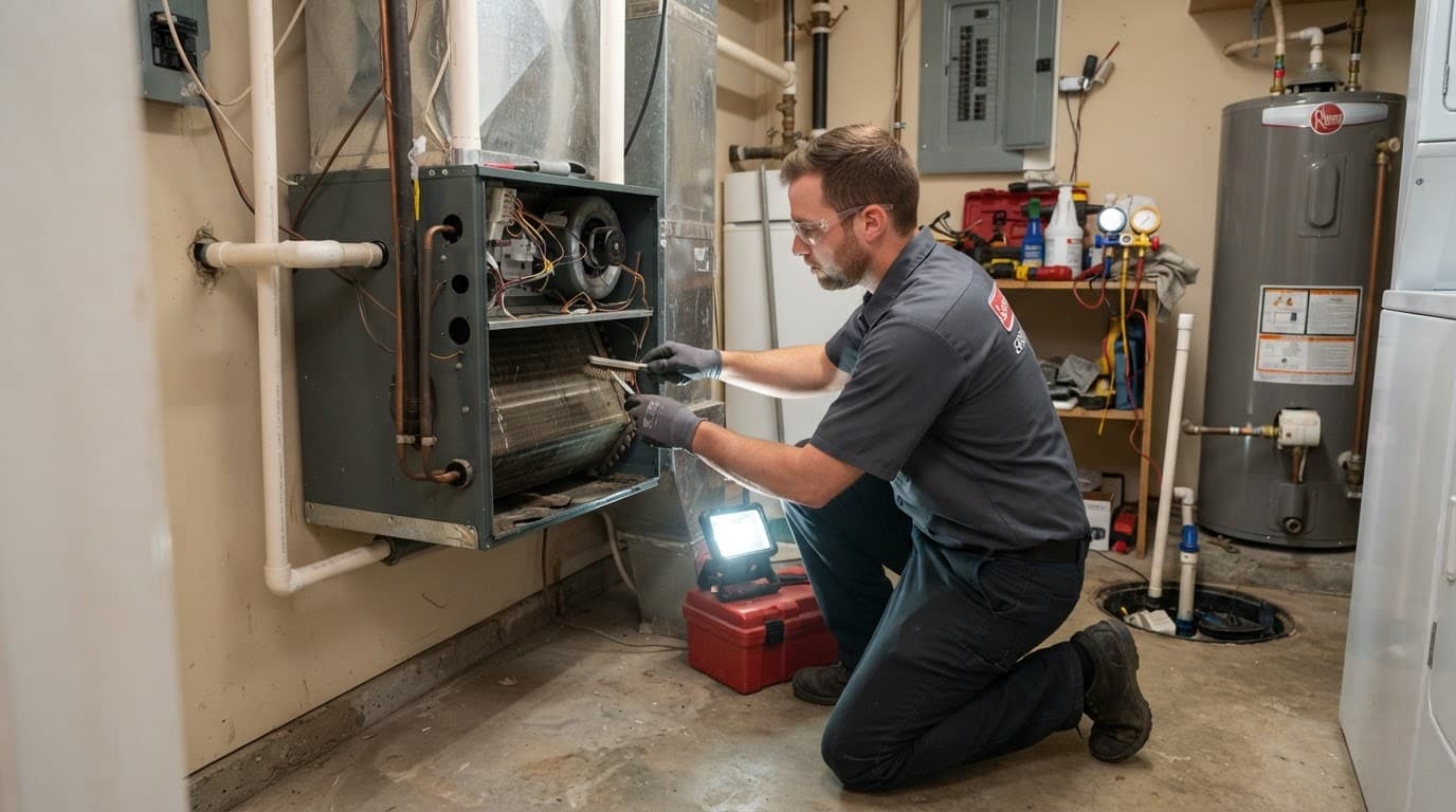 Technician servicing an indoor air conditioning unit in a utility room.