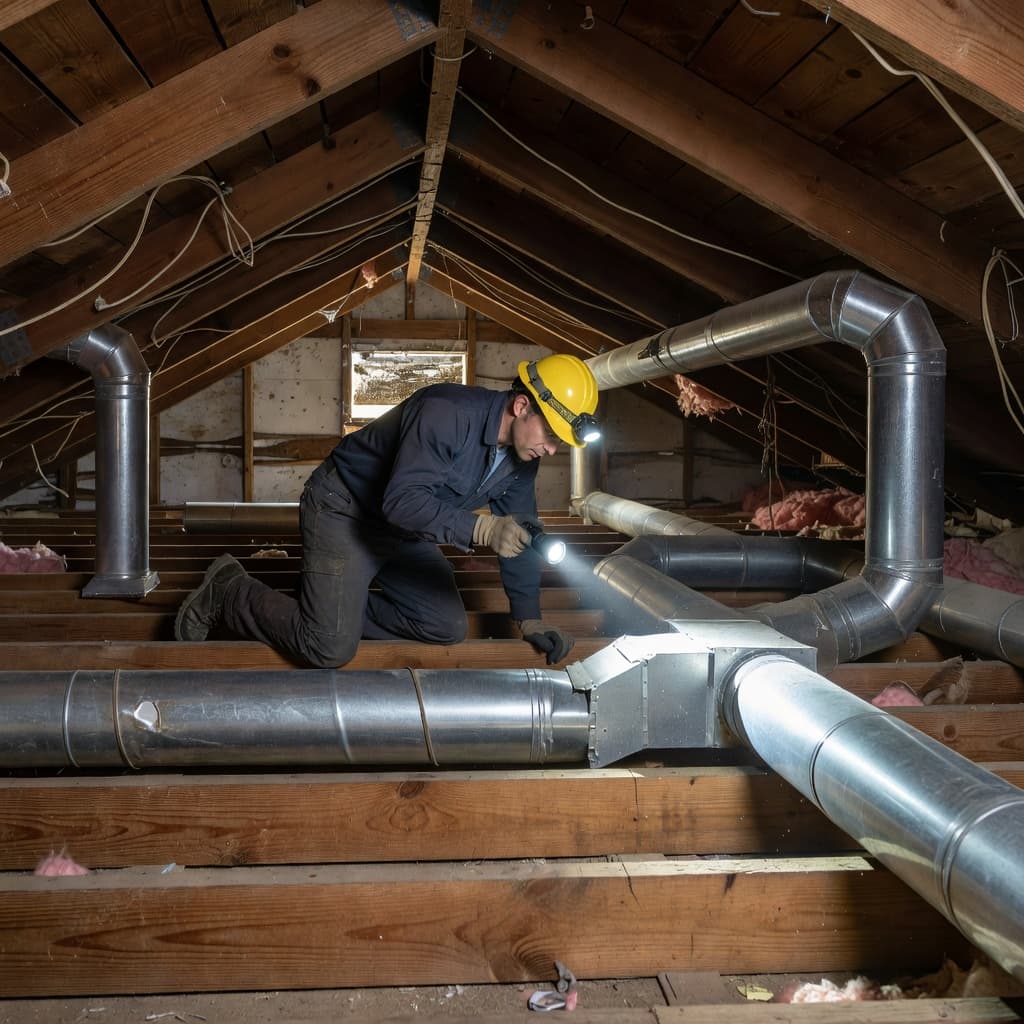 A technician wearing a uniform and headlamp navigates a dusty attic space. The bright beam of a flashlight illuminates weathered silver metal ductwork during a detailed residential system inspection.