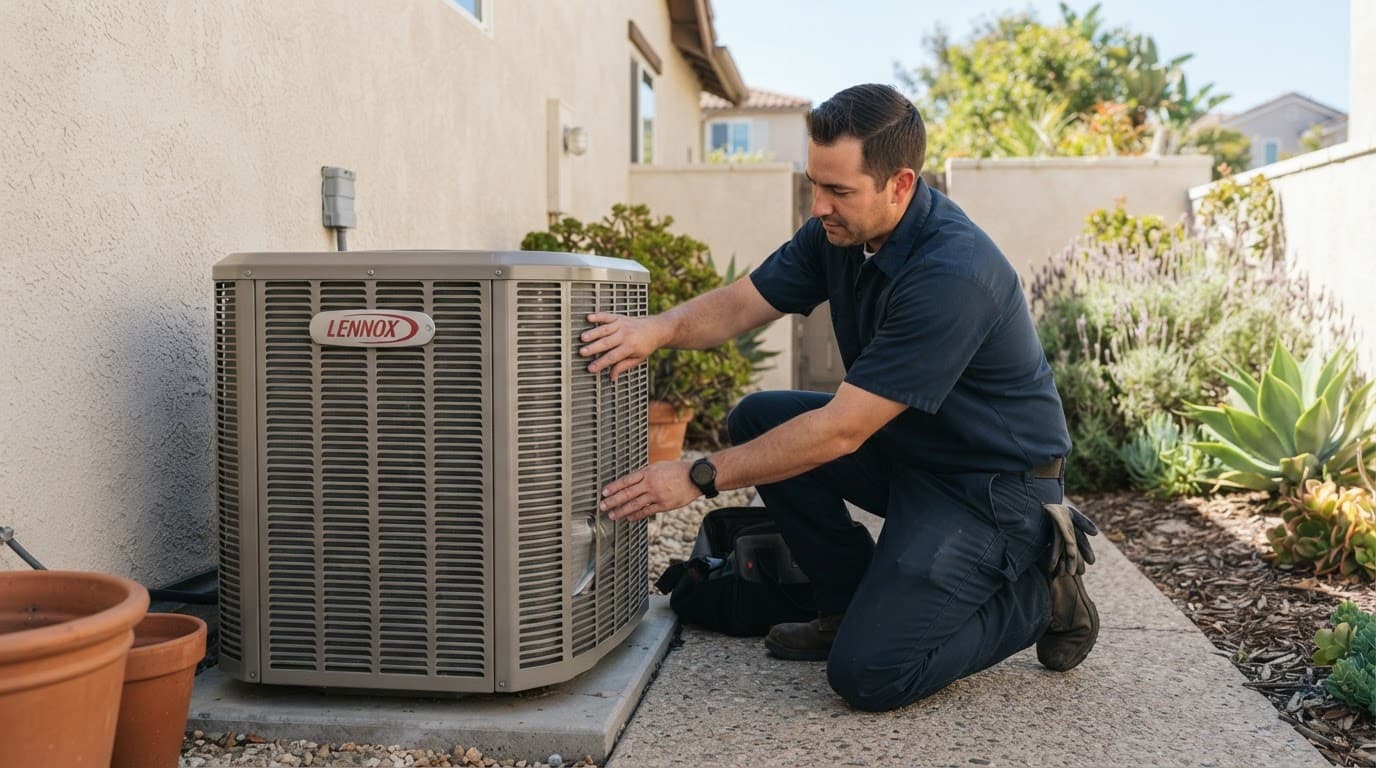 Technician inspecting slightly bent fins on a home cooling system in a sunny side yard.