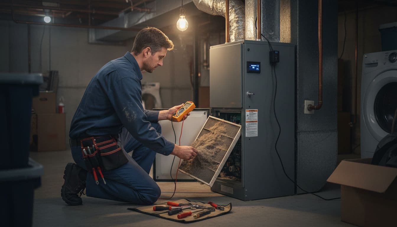 HVAC technician in home basement adjusts residential furnace controls and checks dirty air filter.