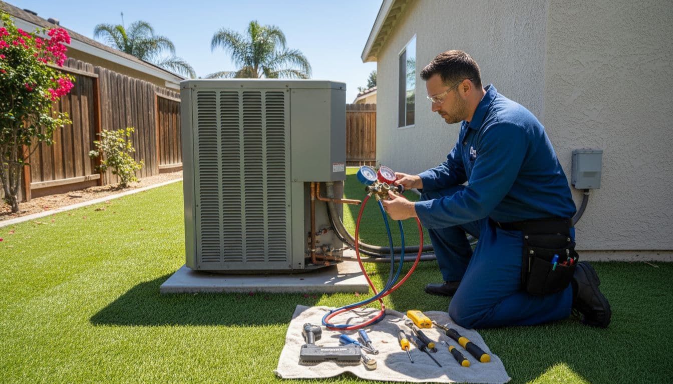 Realistic photo of a NATE-certified HVAC technician checking refrigerant pressure gauges on copper lines of an outdoor residential AC condenser unit in a sunny suburban backyard in Escondido, California, focused on diagnosis with professional tools nearby.