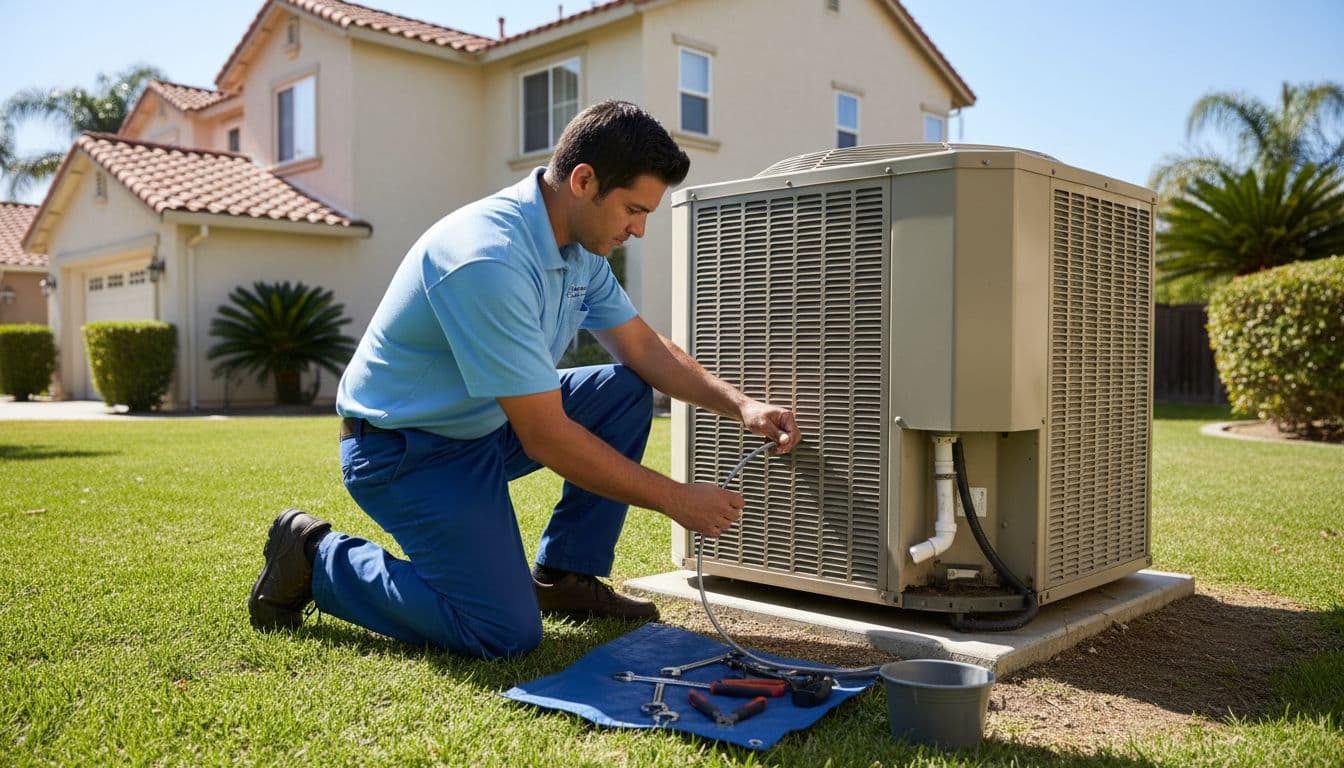 Professional HVAC technician kneels with pipe snake, cleaning drain line on outdoor central AC unit in sunny afternoon light.