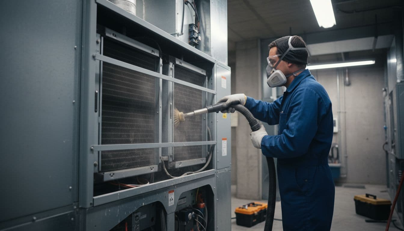 An HVAC technician performs maintenance on the internal components of an indoor air handling system.