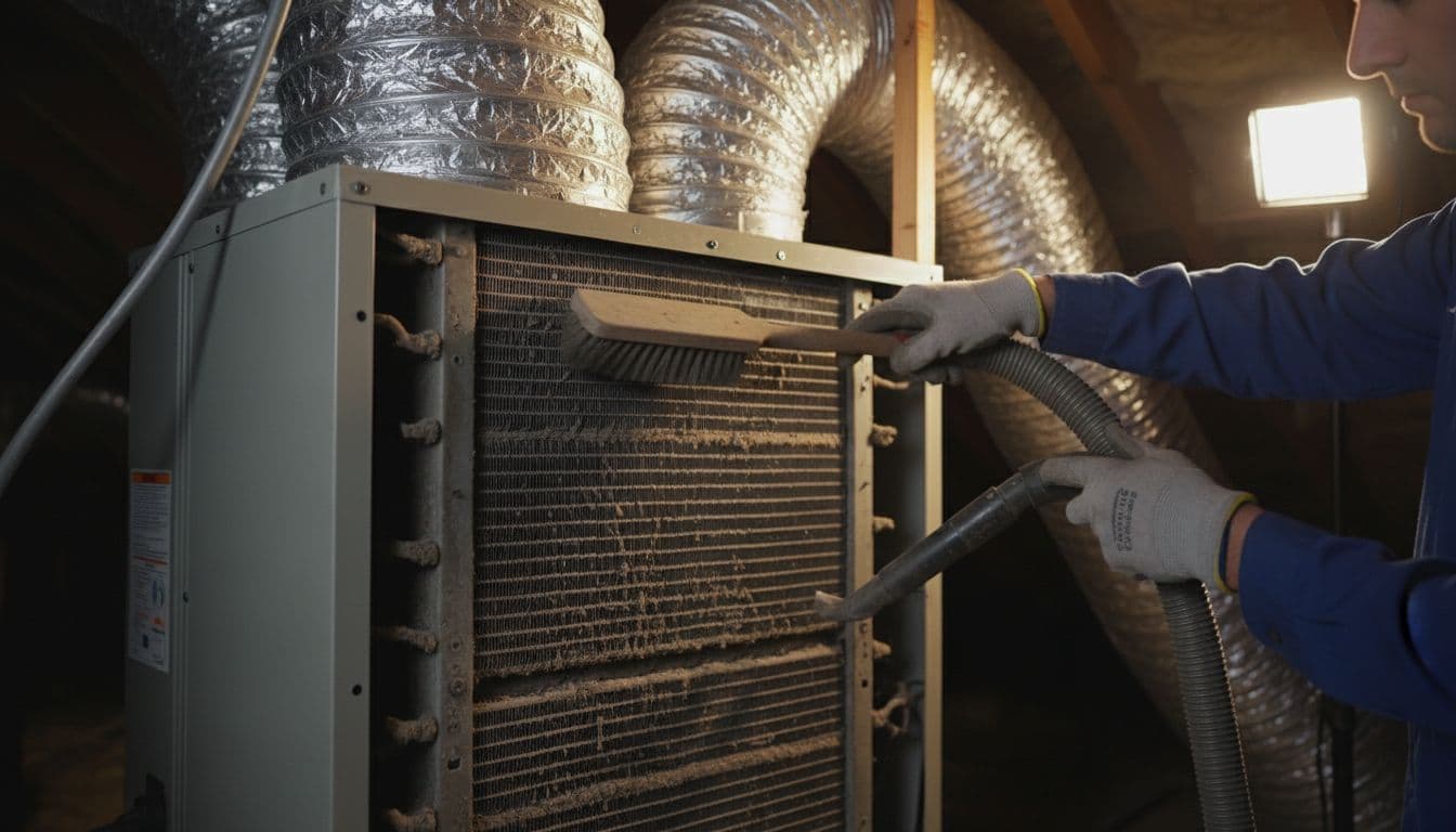 HVAC technician uses brush and vacuum on dirty evaporator coils inside residential attic air handler unit.